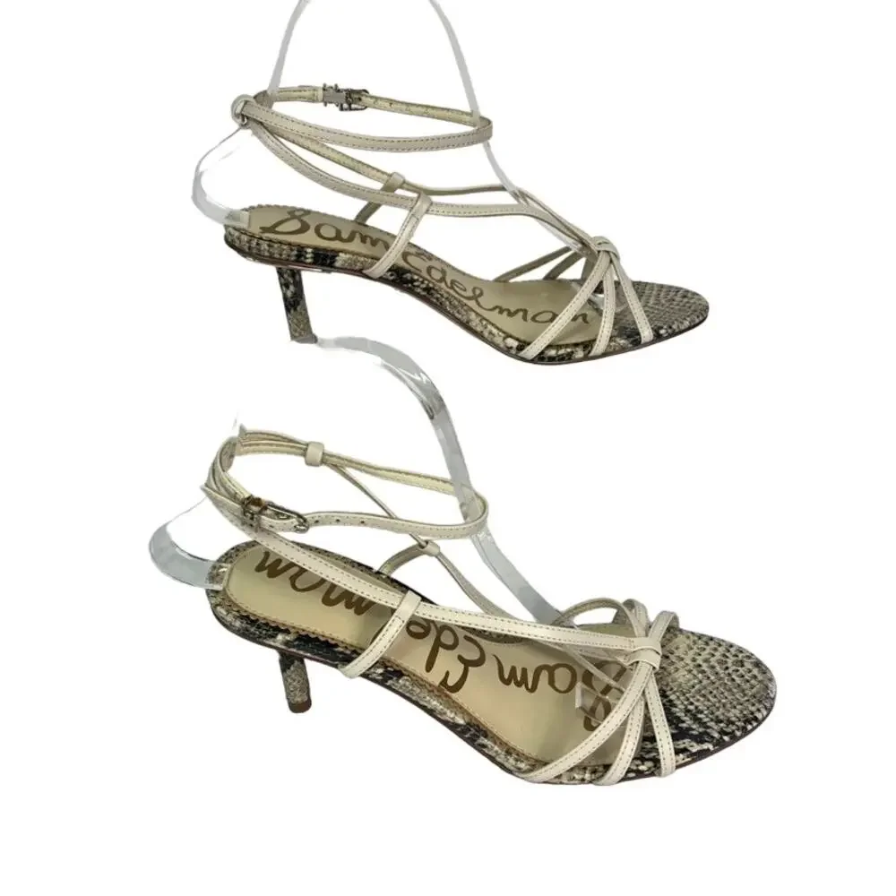 SAM EDELMAN Sandal Shoes Womens 8 Pippa Heeled Strappy Snake Footbed Cream